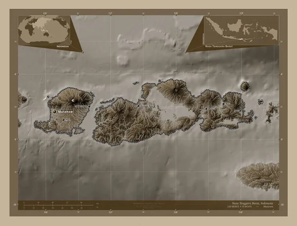 Nusa Tenggara Barat Provincie Indonésie Zdvihová Mapa Zbarvená Sépiovými Tóny — Stock fotografie