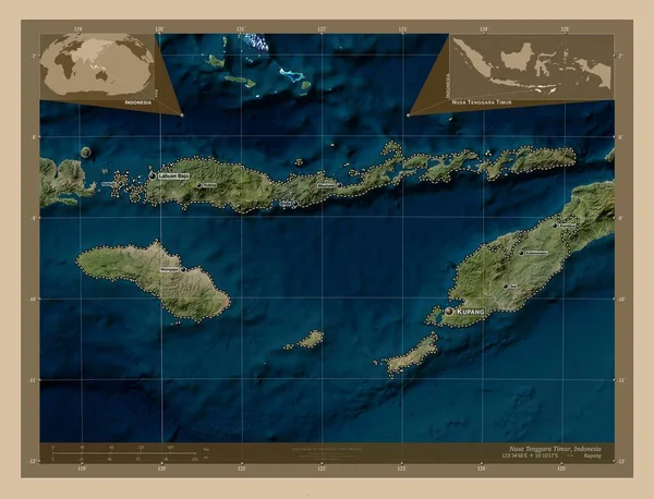 Nusa Tenggara Timur Provinsen Indonesien Lav Opløsning Satellitkort Steder Navne - Stock-foto