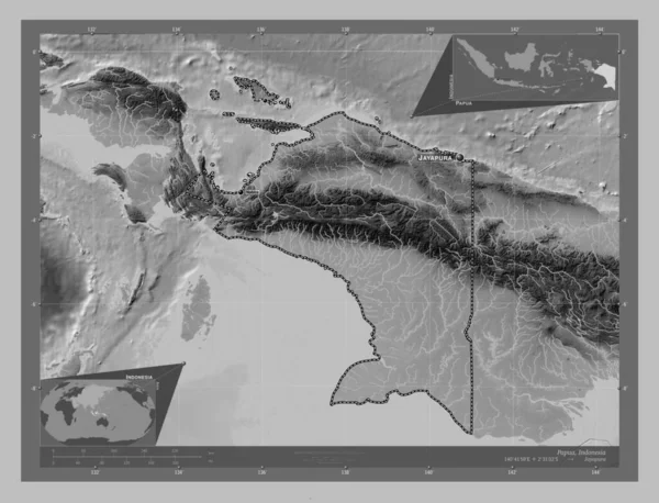 Papua Provincia Indonesia Mappa Elevazione Scala Grigi Con Laghi Fiumi — Foto Stock