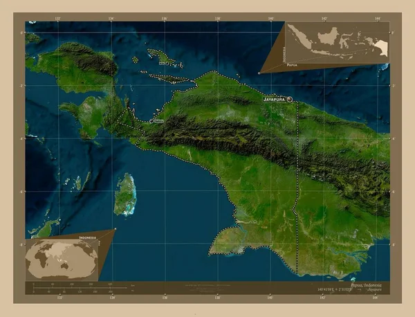 Παπούα Επαρχία Της Ινδονησίας Δορυφορικός Χάρτης Χαμηλής Ανάλυσης Τοποθεσίες Και — Φωτογραφία Αρχείου