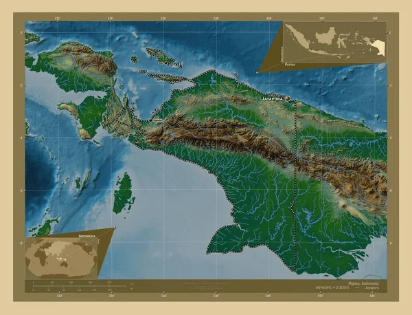 Папуа Провінція Індонезія Кольорові Карти Висот Озерами Річками Місця Розташування — стокове фото