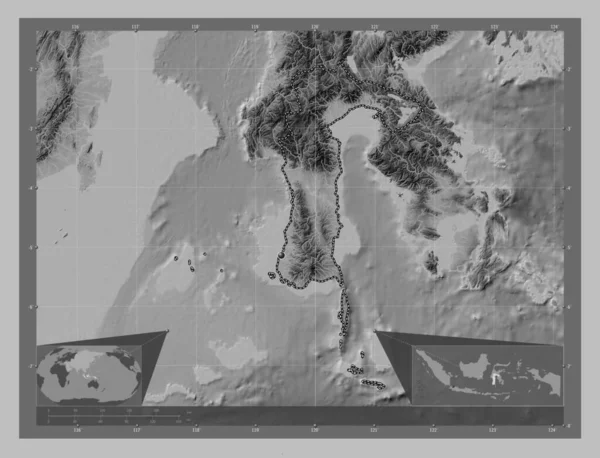 Sulawesi Selatan Província Indonésia Mapa Elevação Escala Cinza Com Lagos — Fotografia de Stock