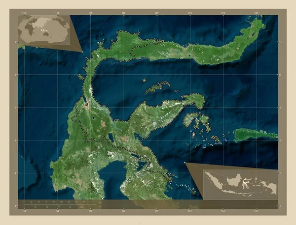 Sulawesi Tengah 印度尼西亚省 高分辨率卫星地图 该区域主要城市的所在地点 角辅助位置图 — 图库照片