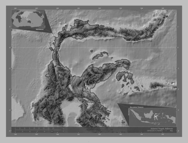 インドネシアの州スラウェシ テンガ 湖や川とグレースケールの標高マップ 地域の主要都市の位置と名前 コーナー補助位置図 — ストック写真