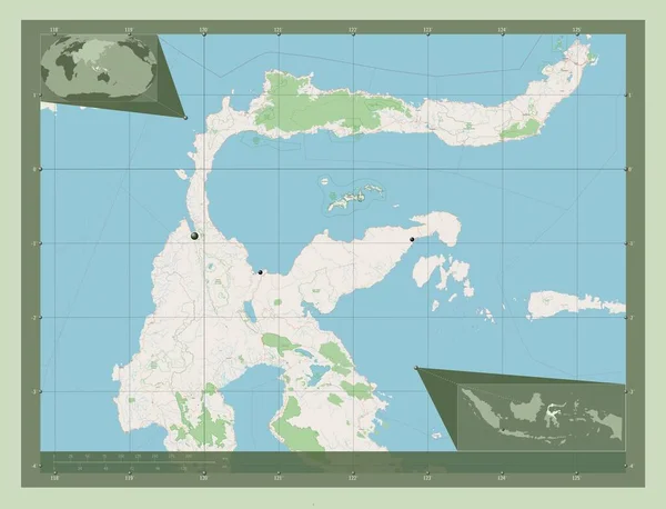 Sulawesi Tengah 印度尼西亚省 开放街道地图 该区域主要城市的所在地点 角辅助位置图 — 图库照片