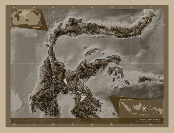 Sulawesi Tengah Provincie Indonésie Zdvihová Mapa Zbarvená Sépiovými Tóny Jezery — Stock fotografie