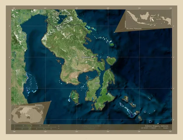 苏拉威西登加拉 印度尼西亚省 高分辨率卫星地图 该区域主要城市的地点和名称 角辅助位置图 — 图库照片