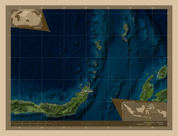 Sulawesi Utara Provincia Indonesia Mapa Satelital Baja Resolución Ubicaciones Nombres —  Fotos de Stock