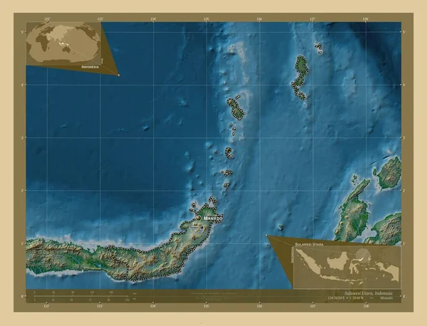 Sulawesi Utara Індонезія Кольорові Карти Висот Озерами Річками Місця Розташування — стокове фото
