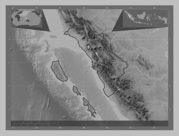 Sumatera Barat Province Indonesia 带有湖泊和河流的灰度高程图 角辅助位置图 — 图库照片