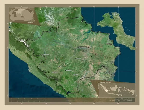 Sumatera Selatan Prowincja Indonezji Mapa Satelity Wysokiej Rozdzielczości Lokalizacje Nazwy — Zdjęcie stockowe