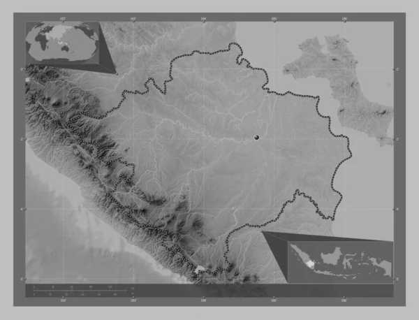 Sumatera Selatan Province Indonesia 带有湖泊和河流的灰度高程图 角辅助位置图 — 图库照片