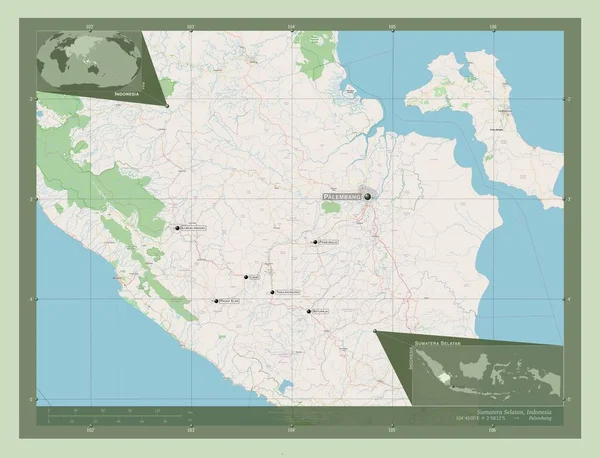インドネシアのスマトラ セラタン州 ストリートマップを開く 地域の主要都市の位置と名前 コーナー補助位置図 — ストック写真