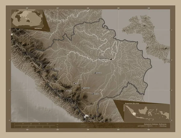 Sumatera Selatan Επαρχία Της Ινδονησίας Υψόμετρο Χάρτη Χρωματισμένο Τόνους Σέπια — Φωτογραφία Αρχείου