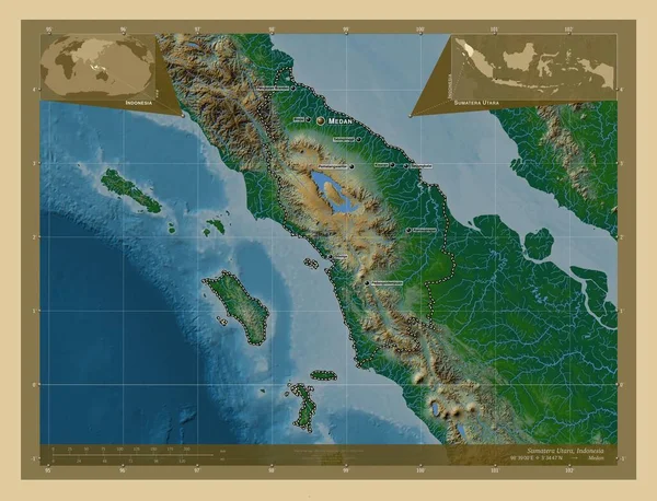 Суматера Утара Провинция Индонезия Цветная Карта Высоты Озерами Реками Места — стоковое фото