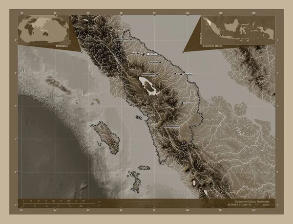 Sumatera Utara Επαρχία Της Ινδονησίας Υψόμετρο Χάρτη Χρωματισμένο Τόνους Σέπια — Φωτογραφία Αρχείου