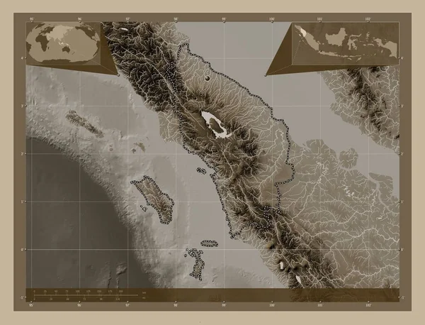 Суматера Утара Провинция Индонезия Карта Высоты Окрашенная Сепиевые Тона Озерами — стоковое фото