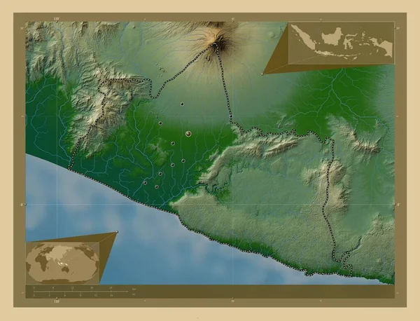 Yogyakarta Región Especial Indonesia Mapa Elevación Colores Con Lagos Ríos —  Fotos de Stock