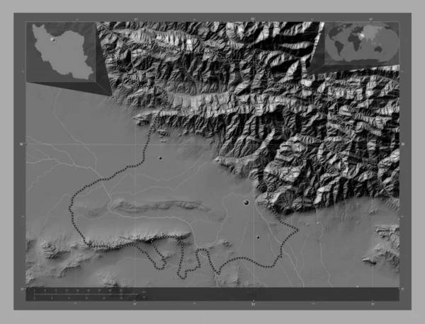 イランの州 アルボルツ 湖や川と二階の標高マップ 地域の主要都市の場所 コーナー補助位置図 — ストック写真