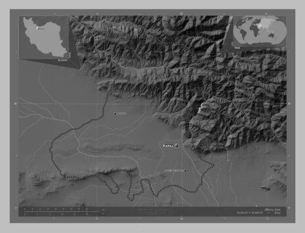 Alborz Provincie Iran Grayscale Hoogte Kaart Met Meren Rivieren Locaties — Stockfoto