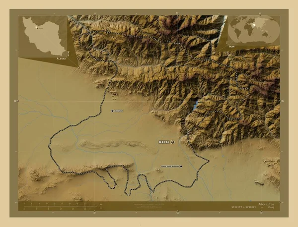 Альборц Провінція Іран Кольорові Карти Висот Озерами Річками Місця Розташування — стокове фото