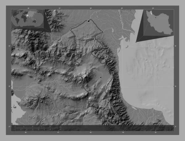 Ardebil Provincia Irán Mapa Elevación Bilevel Con Lagos Ríos Ubicaciones — Foto de Stock
