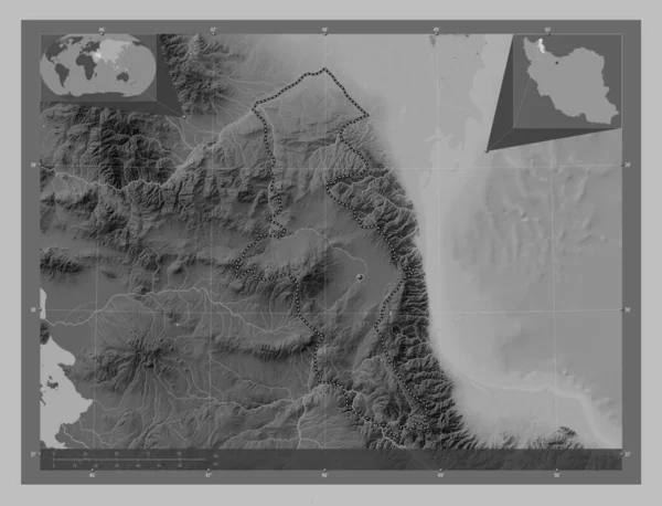 Ardebil Province Iran Grayscale Elevation Map Lakes Rivers Corner Auxiliary — Stock Photo, Image