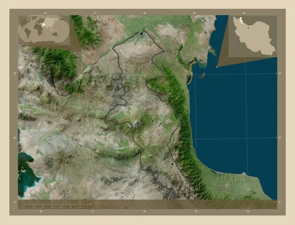 イランの州 アルデビル 高解像度衛星地図 地域の主要都市の場所 コーナー補助位置図 — ストック写真