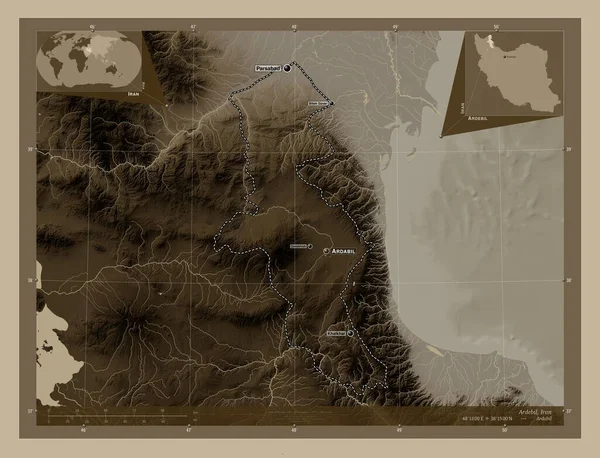 Ardebil Provincia Irán Mapa Elevación Coloreado Tonos Sepia Con Lagos —  Fotos de Stock