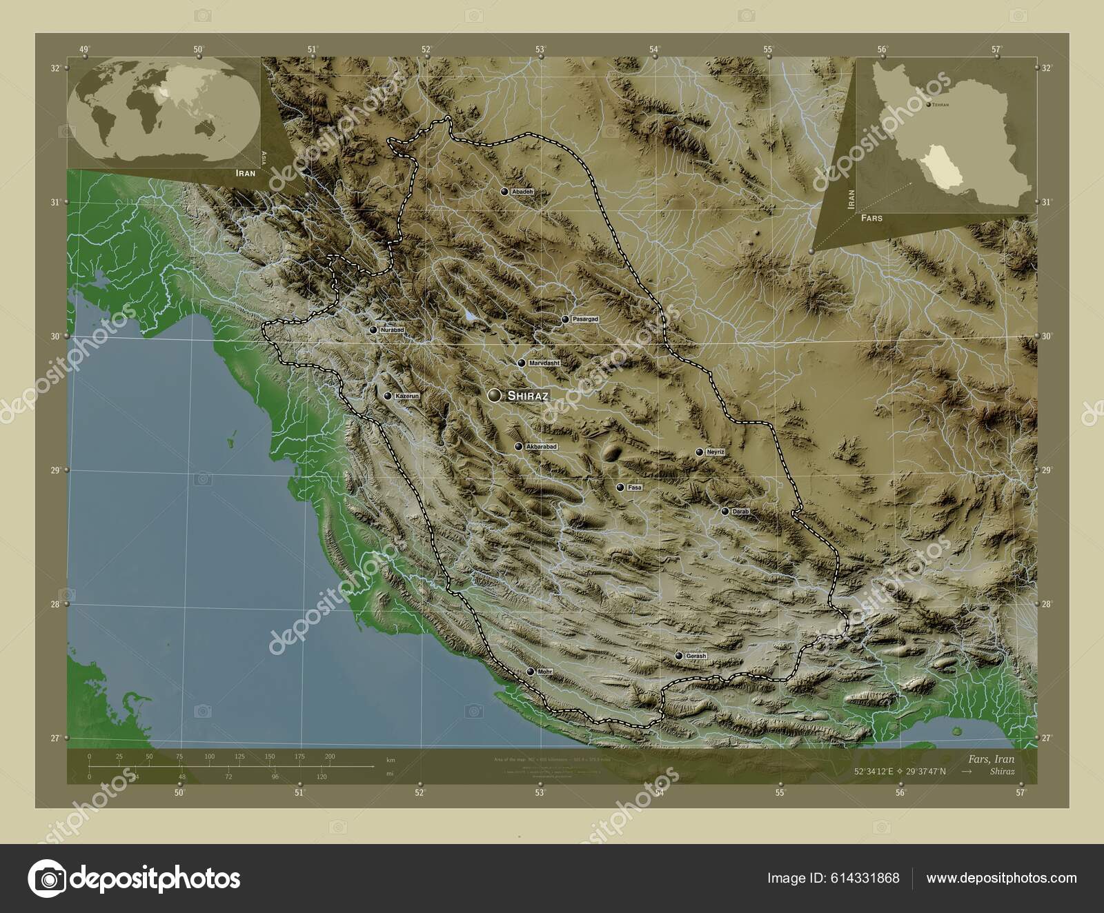 Fars Province Iran Elevation Map Colored Wiki Style Lakes Rivers Stock