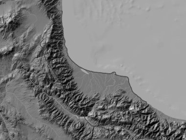 Gilan, İran Eyaleti. Gölleri ve nehirleri olan çift seviyeli yükseklik haritası