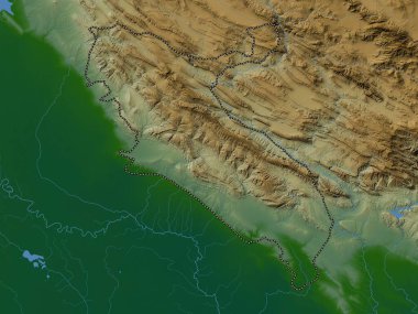 Ilam, İran vilayeti. Gölleri ve nehirleri olan renkli yükseklik haritası