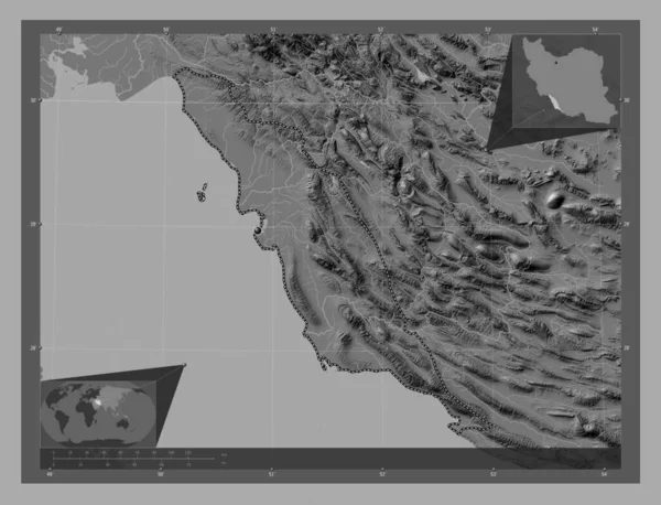 Bushehr Provincie Iran Hoogteplattegrond Met Meren Rivieren Hulplocatiekaarten Hoek — Stockfoto
