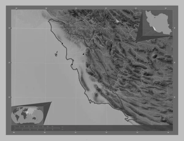 Bushehr Provincie Iran Grayscale Hoogte Kaart Met Meren Rivieren Locaties — Stockfoto