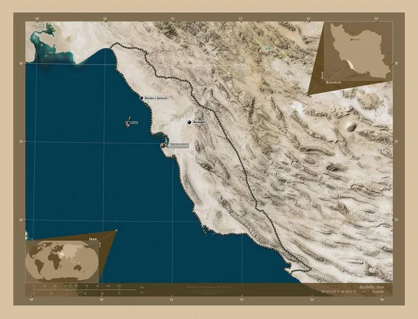 Bushehr Provincie Írán Satelitní Mapa Nízkým Rozlišením Umístění Názvy Velkých — Stock fotografie