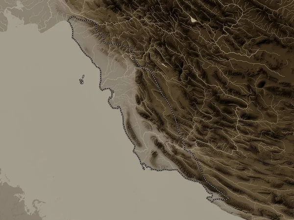 伊朗布歇赫尔省 带有湖泊和河流的深紫色色调的高程图 — 图库照片