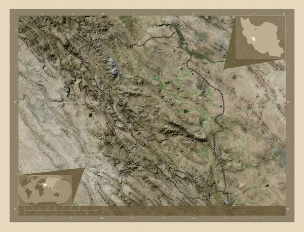 Chahar MahallとBakhtiari イランの州 高解像度衛星地図 地域の主要都市の場所 コーナー補助位置図 — ストック写真