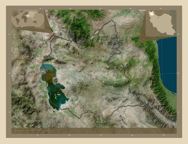 東アゼルバイジャン イランの州 高解像度衛星地図 地域の主要都市の場所 コーナー補助位置図 — ストック写真