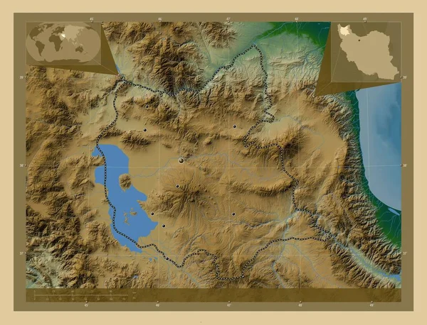 East Azarbaijan Province Iran Colored Elevation Map Lakes Rivers Locations — Stock Photo, Image