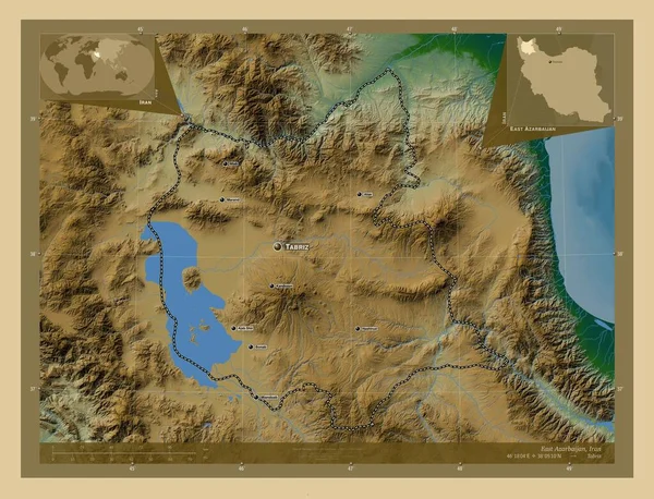 東アゼルバイジャン イランの州 湖や川と色の標高マップ 地域の主要都市の位置と名前 コーナー補助位置図 — ストック写真