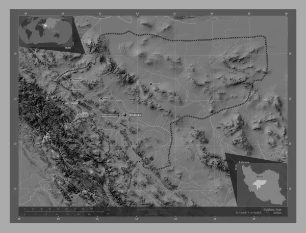 Esfahan Provincie Iran Hoogteplattegrond Met Meren Rivieren Locaties Namen Van — Stockfoto