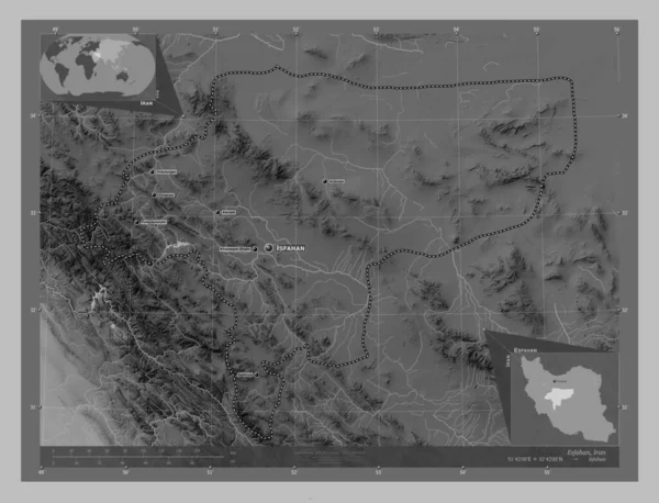 Esfahan Provincie Iran Grayscale Hoogte Kaart Met Meren Rivieren Locaties — Stockfoto