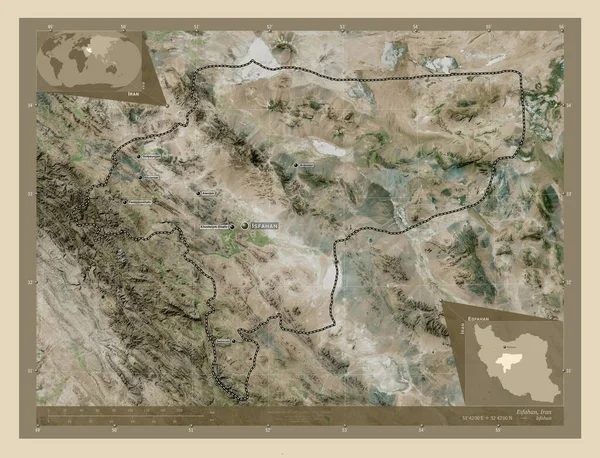 Esfahan Prowincja Iranu Mapa Satelity Wysokiej Rozdzielczości Lokalizacje Nazwy Głównych — Zdjęcie stockowe