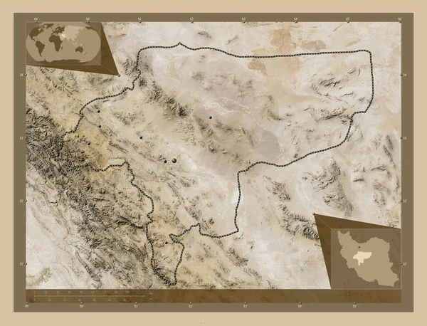 伊斯法罕 伊朗省 低分辨率卫星地图 该区域主要城市的所在地点 角辅助位置图 — 图库照片