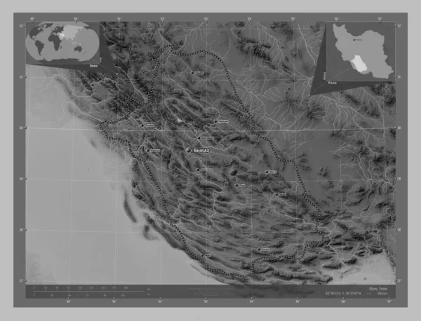 Fars Province Iran Grayscale Elevation Map Lakes Rivers Locations Names — Stock Photo, Image