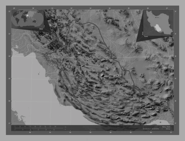 Fars Provincie Iran Hoogteplattegrond Met Meren Rivieren Locaties Namen Van — Stockfoto