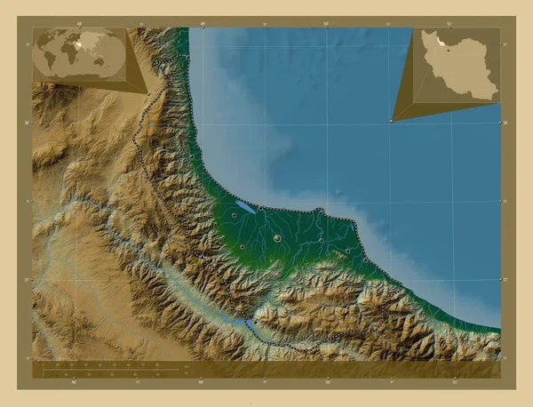 Gilan Επαρχία Του Ιράν Χρωματιστός Υψομετρικός Χάρτης Λίμνες Και Ποτάμια — Φωτογραφία Αρχείου