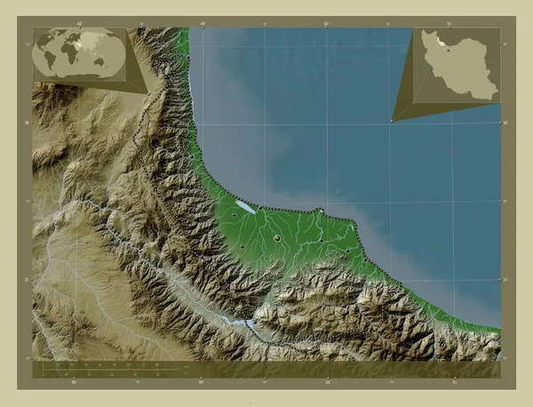 Gilan Provincie Írán Zdvihová Mapa Zbarvená Stylu Wiki Jezery Řekami — Stock fotografie