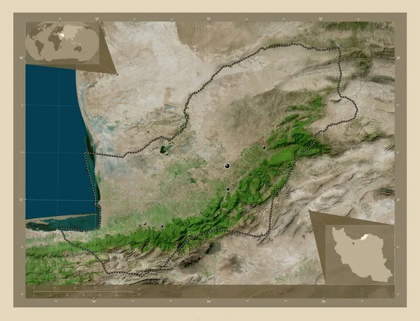 イランのゴレスタン州 高解像度衛星地図 地域の主要都市の場所 コーナー補助位置図 — ストック写真