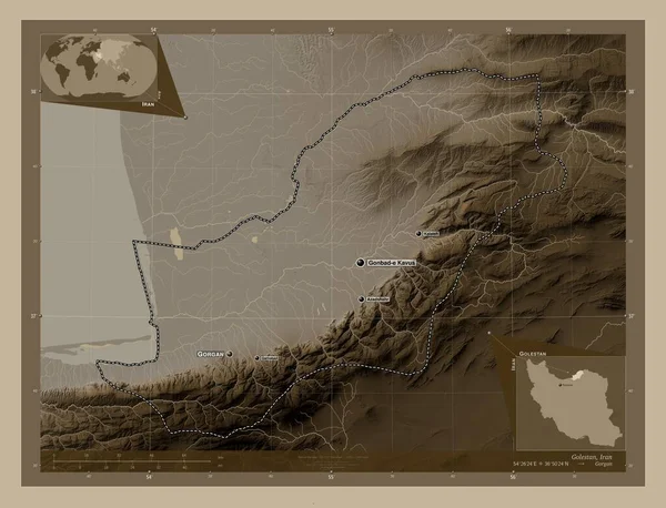골든단 이란의 세피아 색으로 지도는 호수와 강으로 울려퍼진다 지역의 도시들의 — 스톡 사진